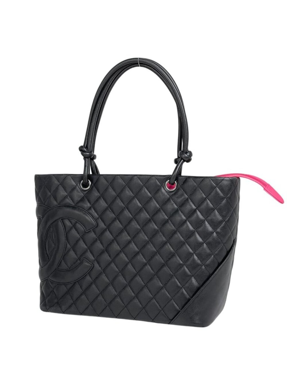 Chanel Cambon Line Large Tote CC Logo Shoulder Bag Leather Black